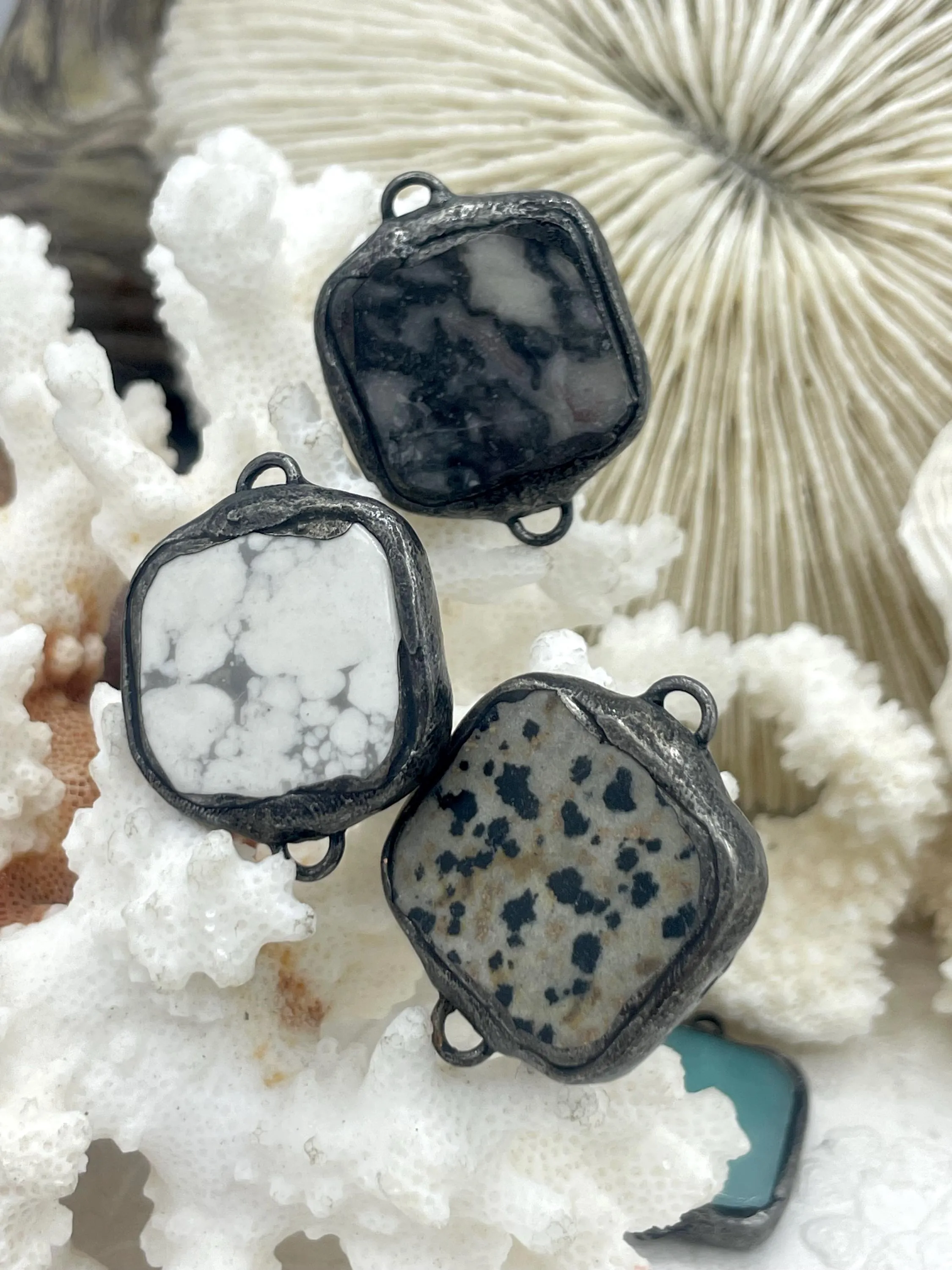 Soldered Natural Stone Pendants/Connectors, Square Stone Connectors with Gunmetal Soldering, Comes in 7 Styles, Natural Stone, Fast Ship.
