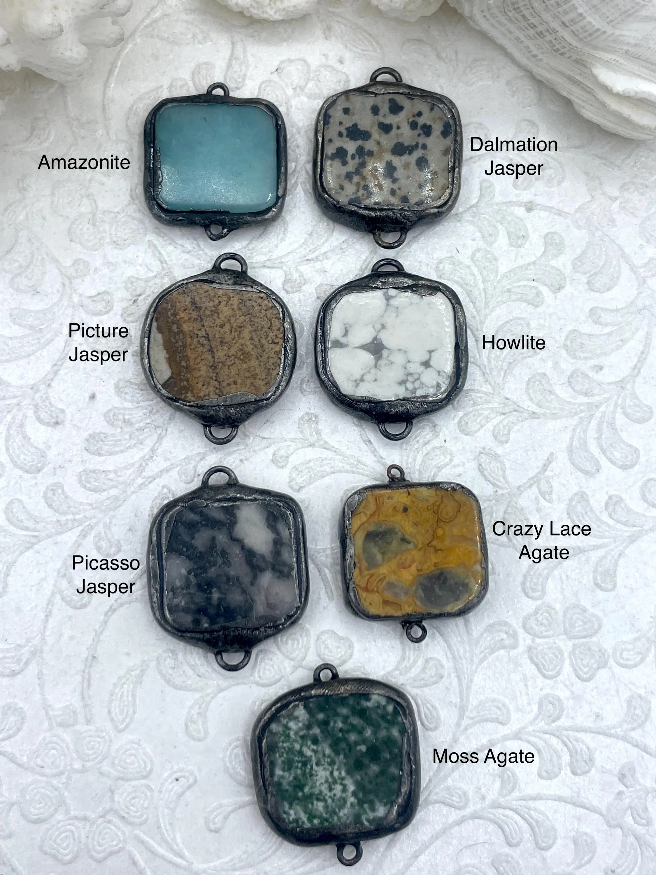 Soldered Natural Stone Pendants/Connectors, Square Stone Connectors with Gunmetal Soldering, Comes in 7 Styles, Natural Stone, Fast Ship.