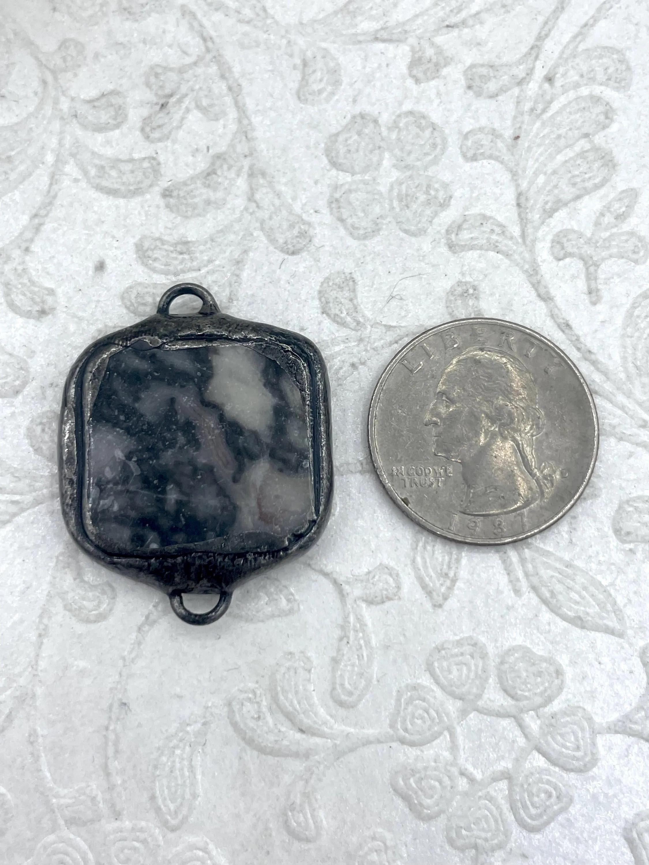 Soldered Natural Stone Pendants/Connectors, Square Stone Connectors with Gunmetal Soldering, Comes in 7 Styles, Natural Stone, Fast Ship.