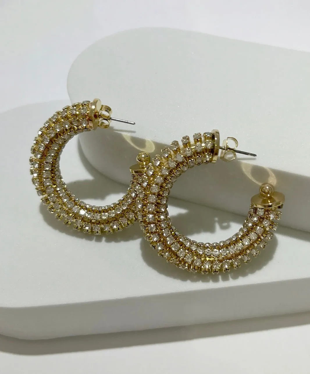 Sophisticated Glow Gold Rhinestone Hoop Earrings