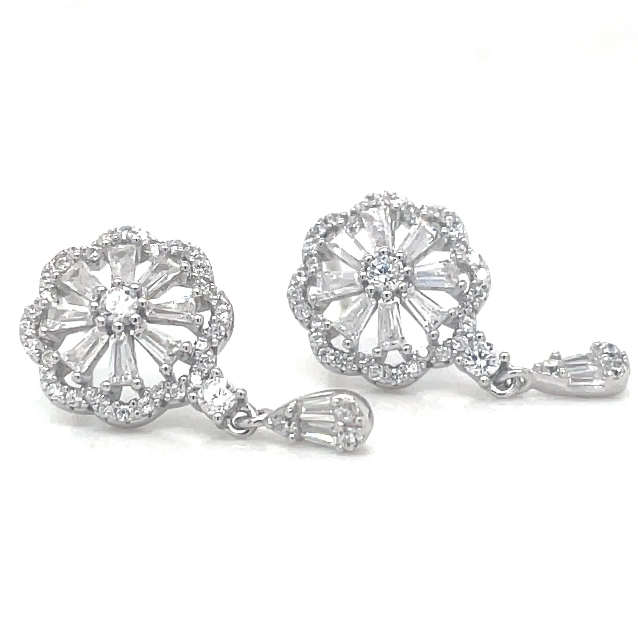 Sterling Silver Cz Flower Drop Earrings