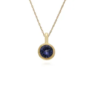 Tansanit Halskette, 9 Karat Gelbgold Tanzanit Einzel Stein Rund Milgrain Anhänger auf 45cm Kette