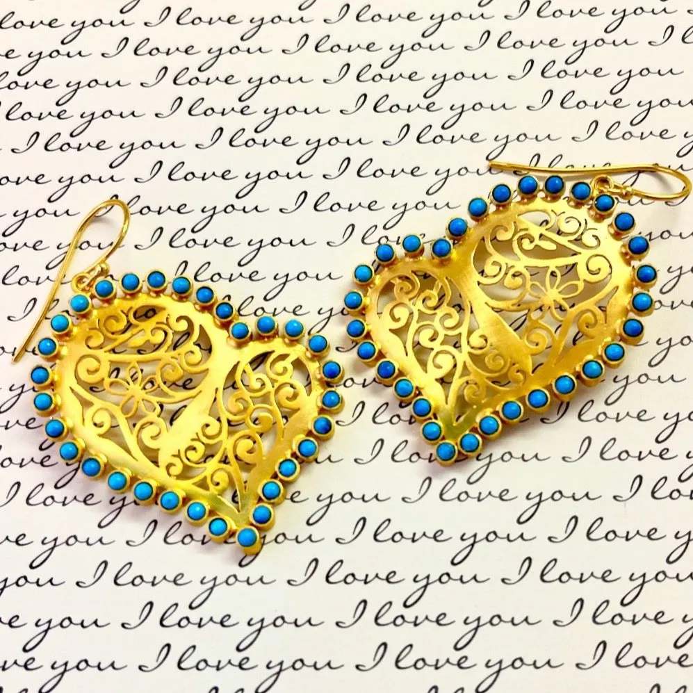 Turquoise 22k Gold Vermeil Filigree Heart-Shaped Statement Earrings