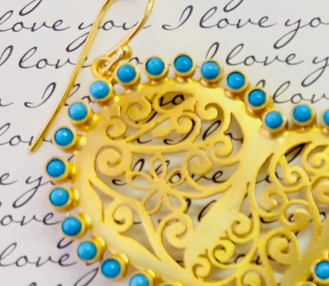Turquoise 22k Gold Vermeil Filigree Heart-Shaped Statement Earrings