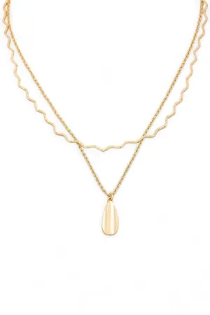 Two Layer Gold Flat Teardrop Pendant Wavy Necklace