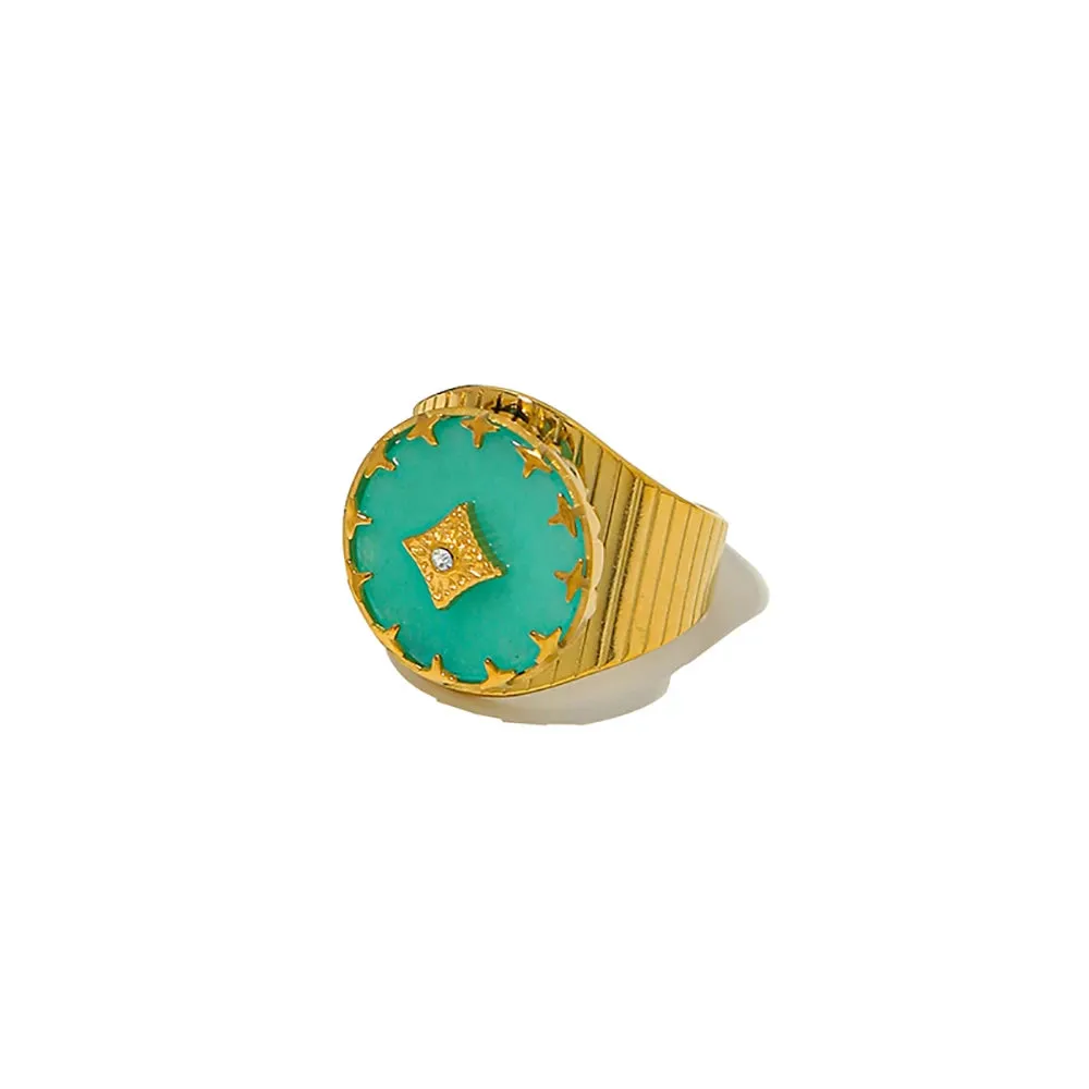 VAIGE Radiant 18K Gold-Plated Stainless Steel African Turquoise Ring with Zircon Accents