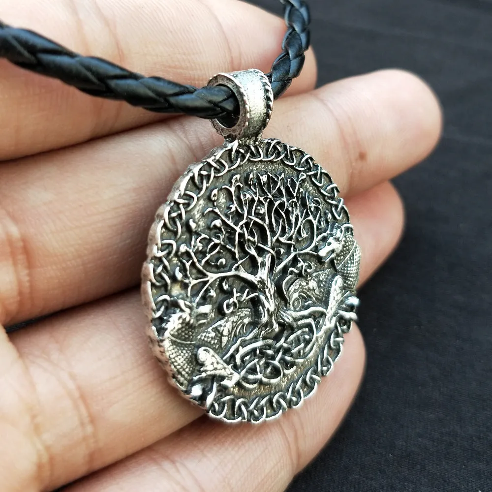 Viking Odin Wolf Necklace with Celtic Wolf and Tree of Life Pendants