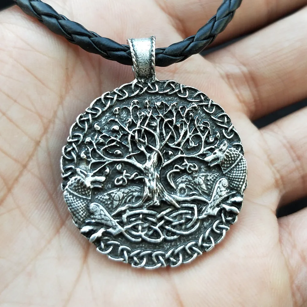 Viking Odin Wolf Necklace with Celtic Wolf and Tree of Life Pendants