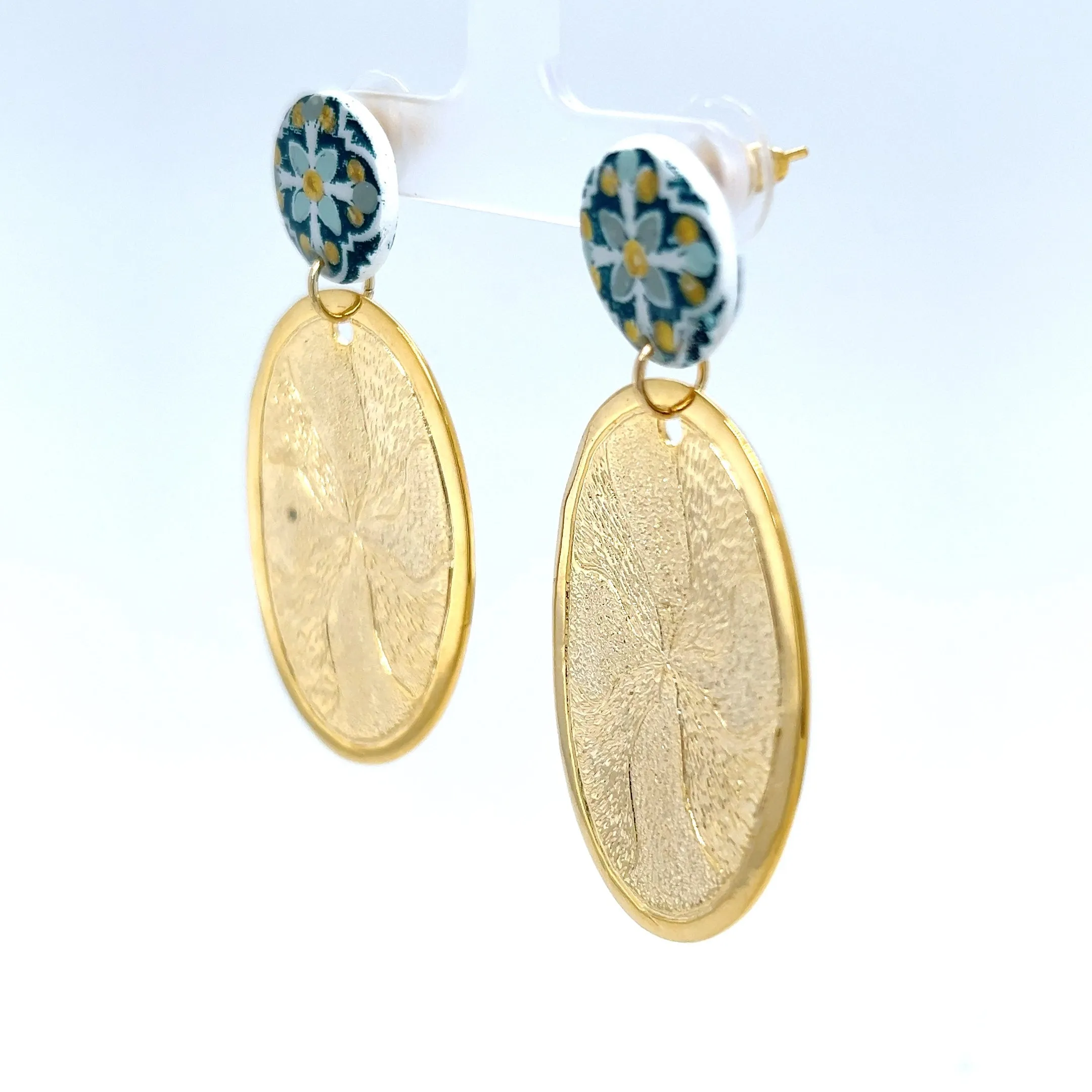 White & Green Dangle Earrings With Tile Detail Large