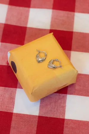 White Heart Silver Huggie Earrings