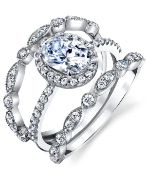 Women's Sterling Silver 925 Engagement Rings Wedding Bridal Set Oval Cubic Zirconia 3pcs