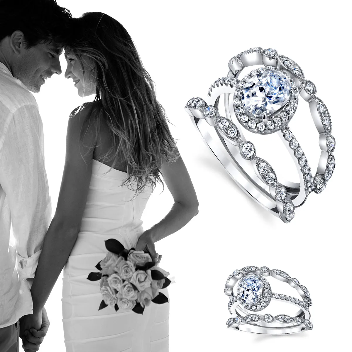 Women's Sterling Silver 925 Engagement Rings Wedding Bridal Set Oval Cubic Zirconia 3pcs